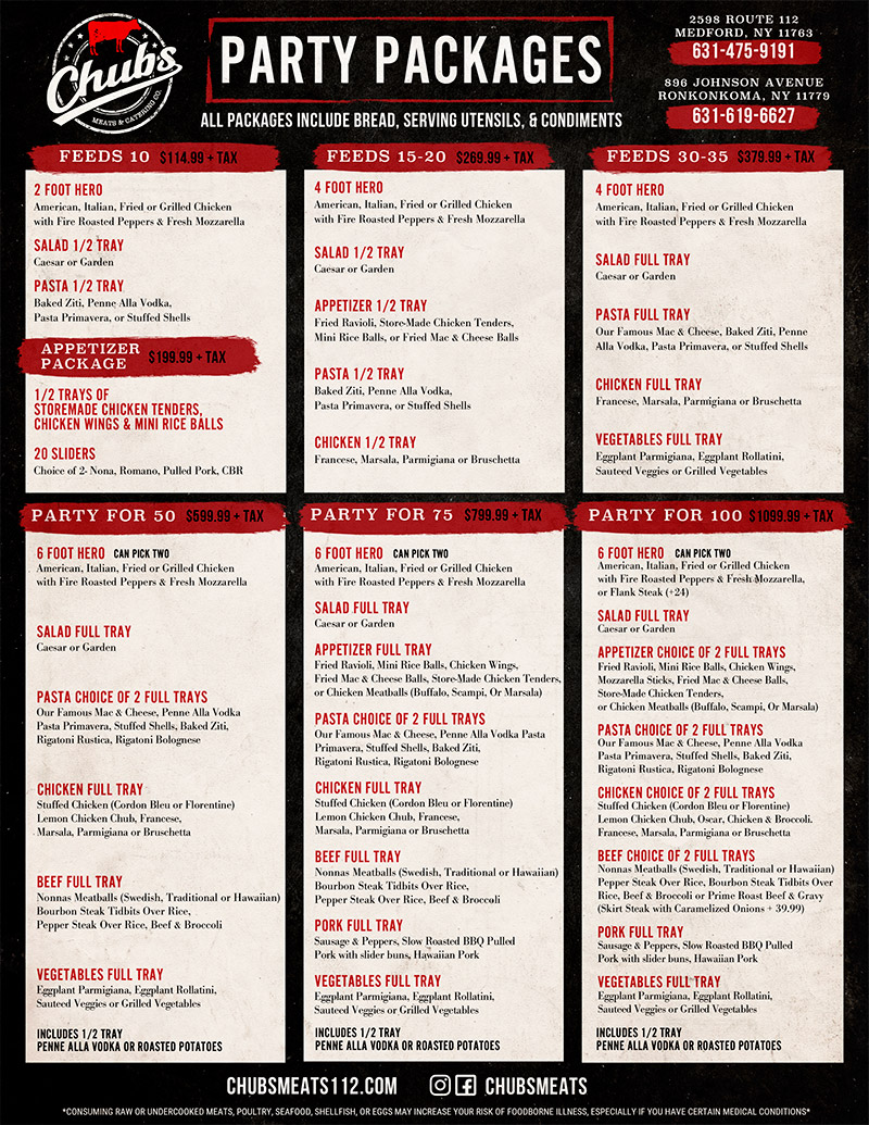 Chubs Catering Specials Catering Menu