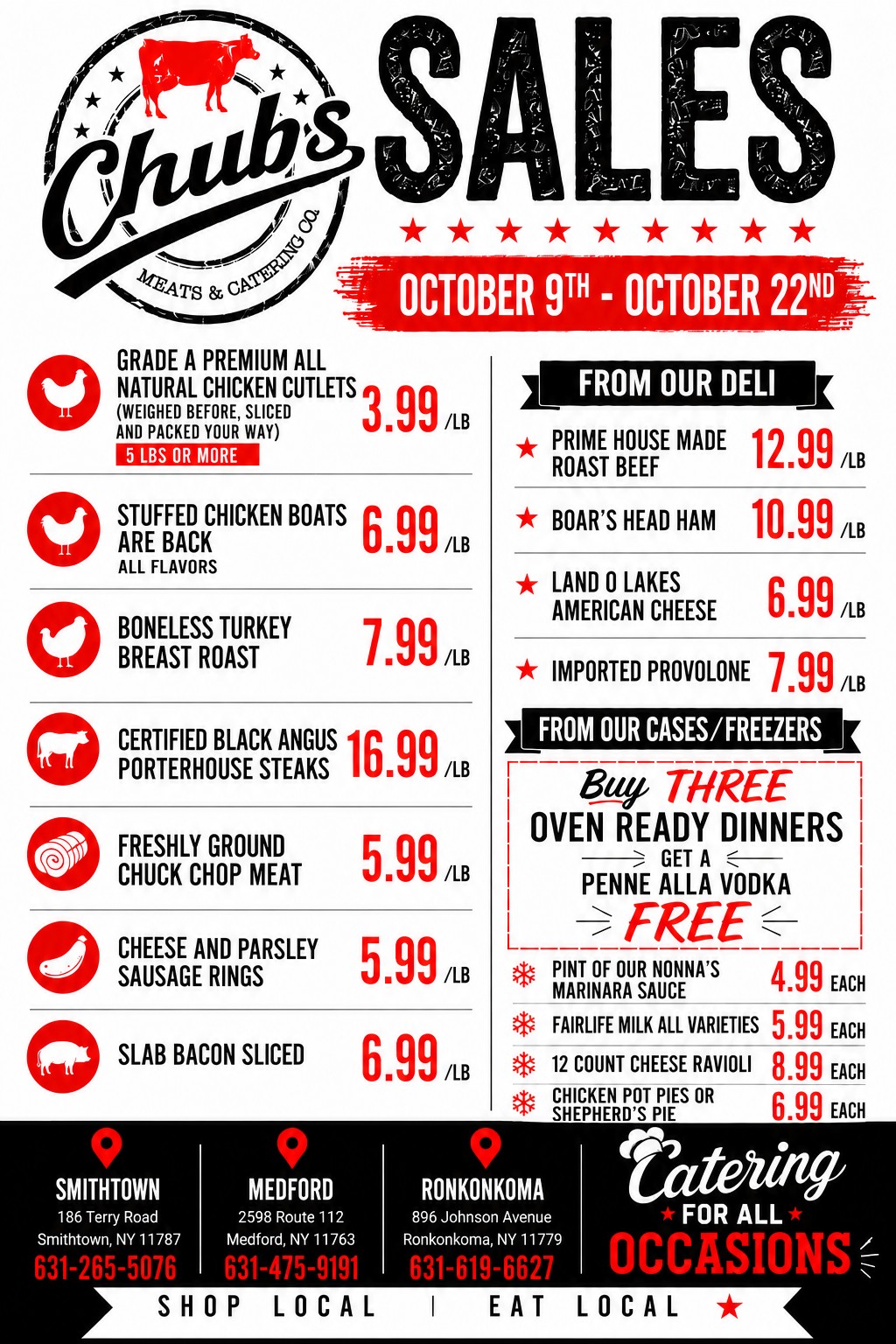 Chubs Meats bi-weekly sales flyer, October 9 to October 22: chicken cutlets $3.99/lb, stuffed chicken boats $6.99/lb, turkey breast roast $7.99/lb, porterhouse steaks $16.99/lb, chopped meat $5.99/lb