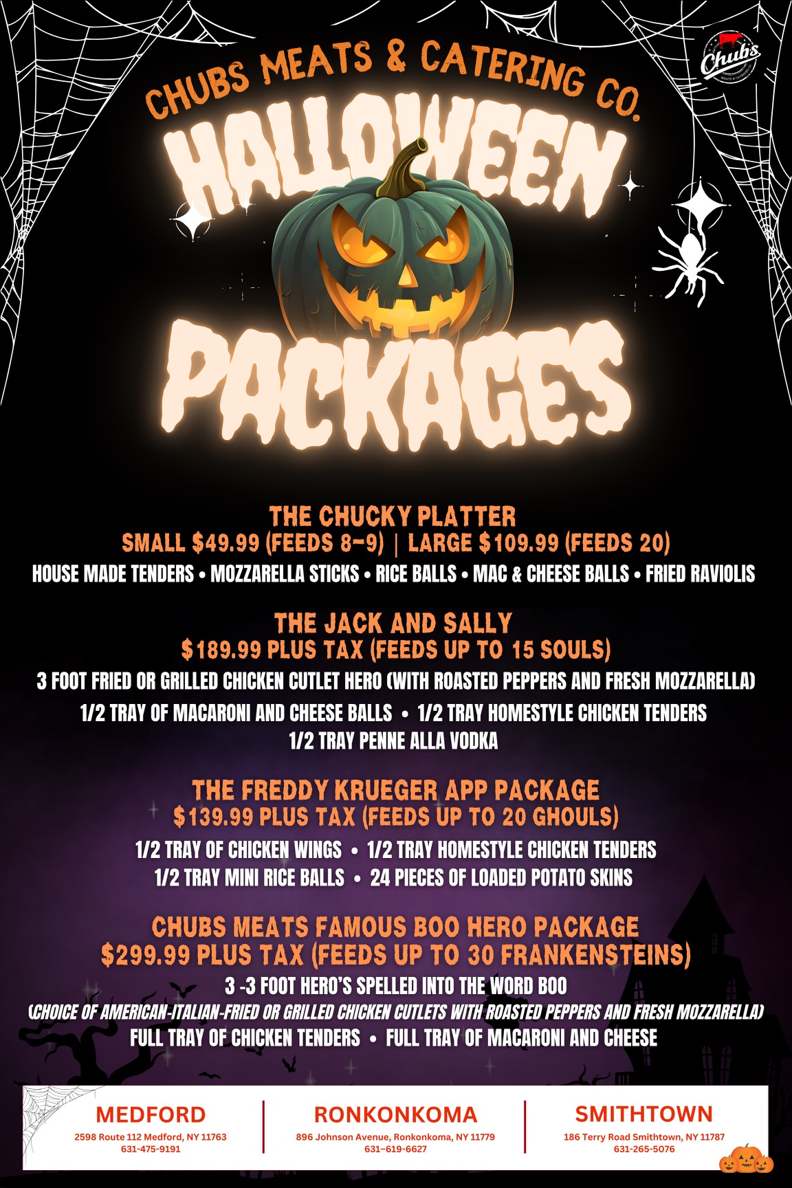 Chubs Meats Halloween Packages 2026: Chucky Platter, Jack and Sally, Freddy Krueger App Package, Boo Hero Package